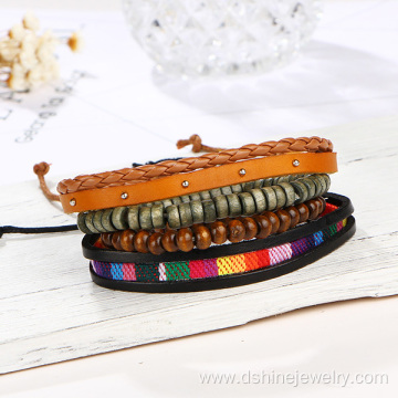 Rainbow Leather Bangle Jewelry Wooden Bead Bracelet For Girl